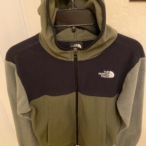 NORTH FACE BOYS JACKET GLACIER SIZE M FITS LIKE SIZE 8-10 HOODED ZIP UP KHAKI/BK